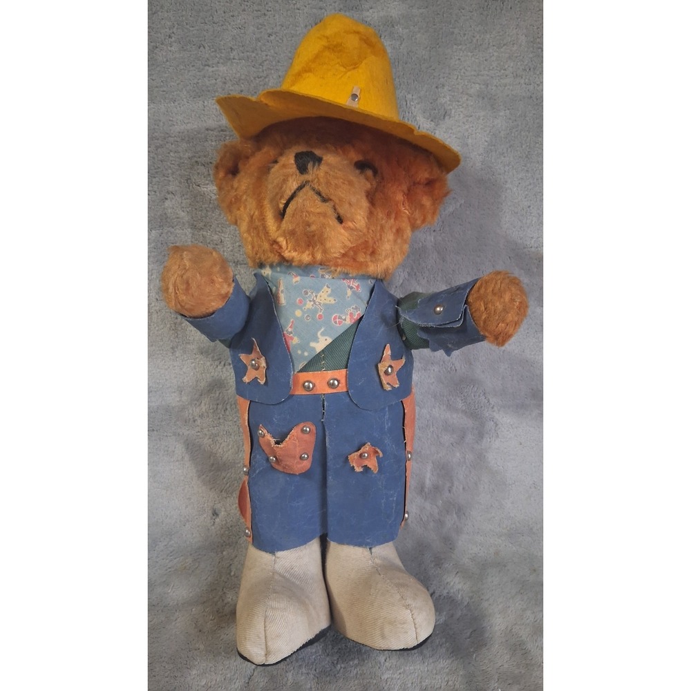 Vintage Cowboy Teddy Bear Plush Western Stuffed Animal Studded Chaps Hat Brown
